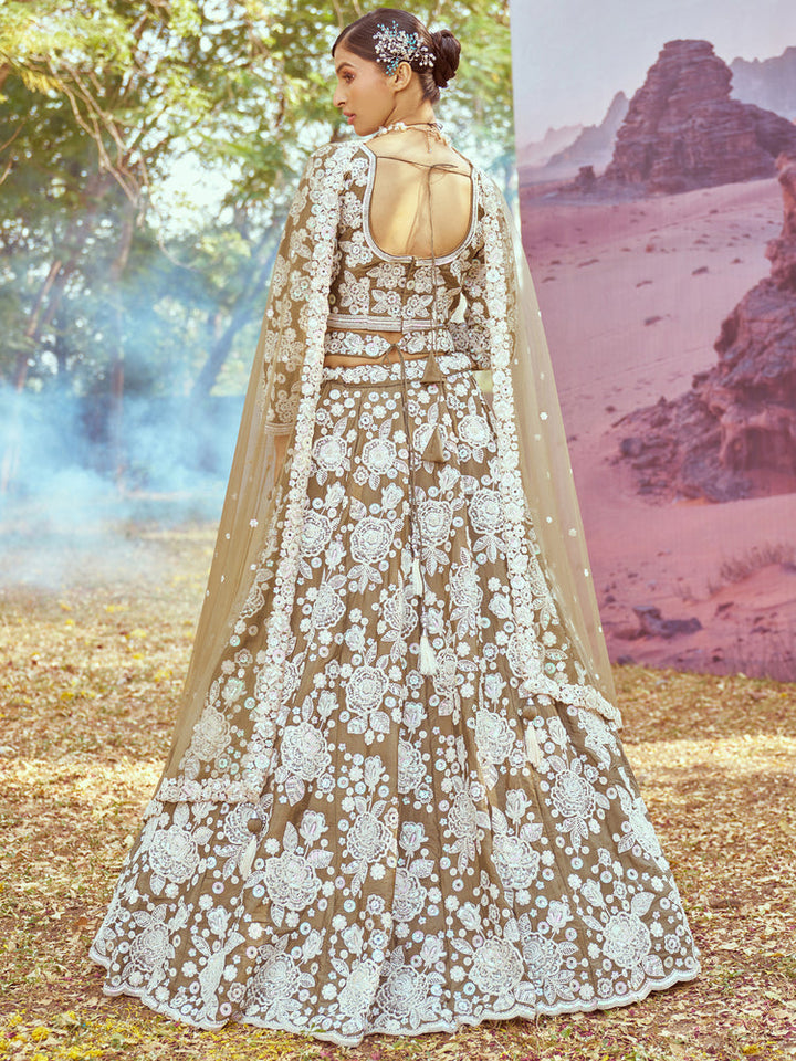Taupe & Ivory Floral Embroidered Lehenga Set