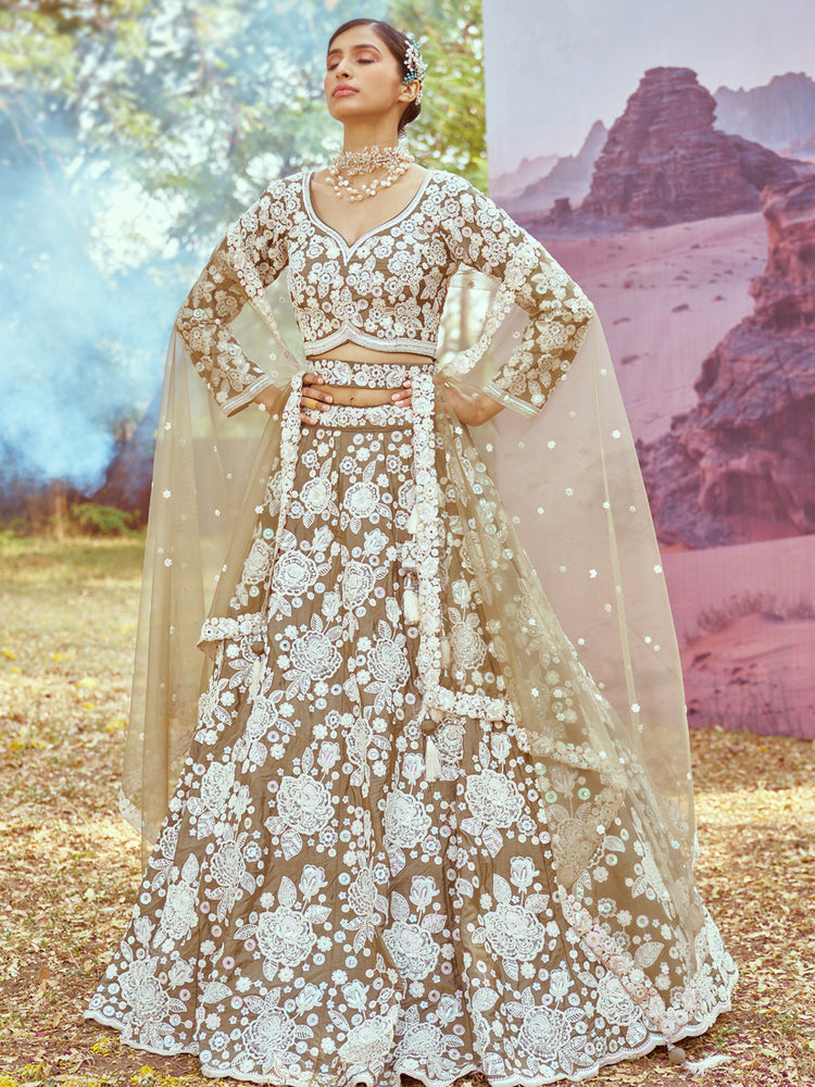 Taupe & Ivory Floral Embroidered Lehenga Set