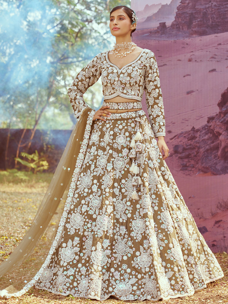 Taupe & Ivory Floral Embroidered Lehenga Set