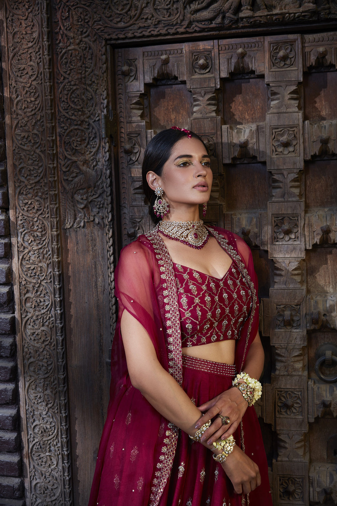 Women’s Wine Red Bridal Lehenga Set Stylish Wedding Outfit