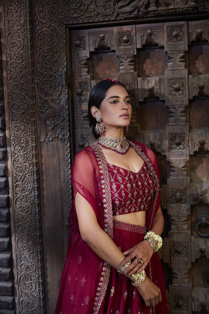 Women’s Wine Red Bridal Lehenga Set Stylish Wedding Outfit