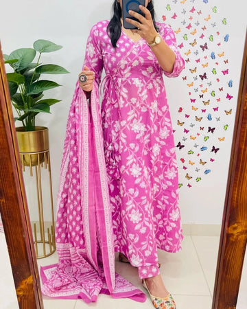 Pink Floral Printed Anarkali Kurta Set with Dupatta