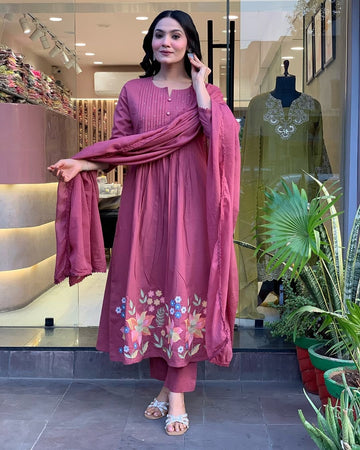 Dusty Rose Embroidered Anarkali Kurta Set with Dupatta