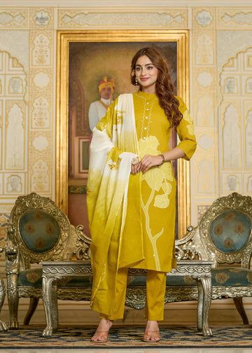 Mustard Yellow Floral Printed Kurta Pant Set with Dupatta