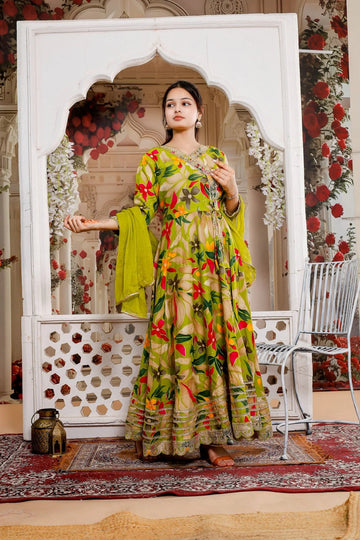 Green Floral Printed Anarkali Kurta Set with Dupatta