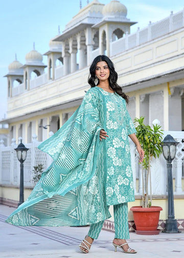 Sea Green Floral Printed Kurta Set with Dupatta