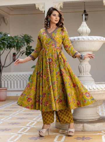 Olive Green Floral Printed Anarkali Kurta Set