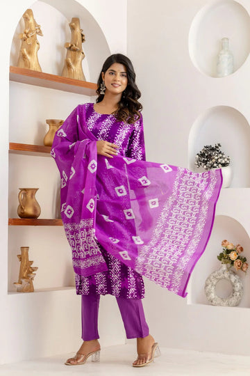 Purple Printed Kurta Pant Set with Dupatta