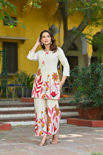 Cream Floral Printed Kurta Pant Co Ord Set