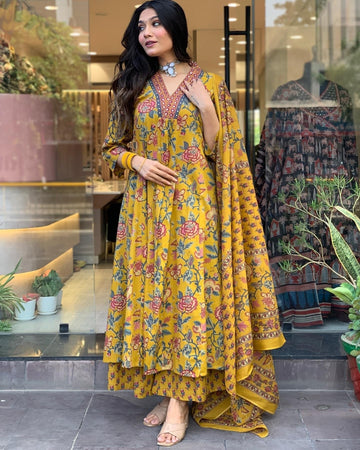 Mustard Yellow Floral Printed Anarkali Kurti Set with Dupatta