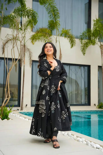 Black Printed Anarkali Kurta Set with Dupatta