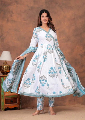 White & Blue Floral Printed Anarkali Kurta Set with Dupatta