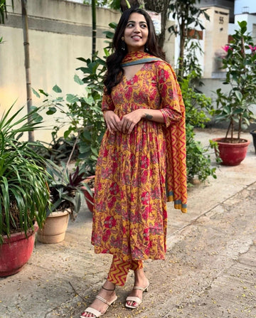 Mustard Yellow Floral Printed Cotton Anarkali Kurti with Dupatta