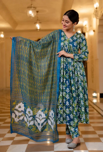 Blue & Green Floral Printed Kurta Set with Dupatta