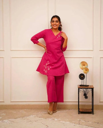 Rani Pink Embroidered Kurta Pant Set