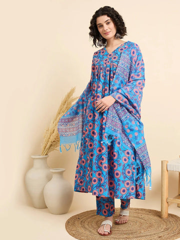 Blue Floral Printed Kurta Set with Dupatta
