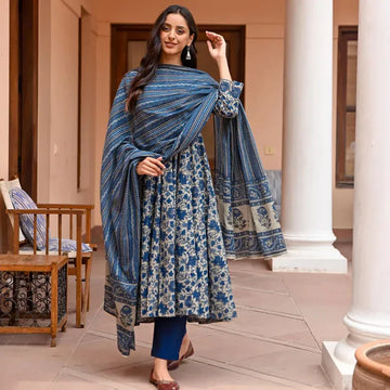 Indigo Blue Floral Printed Kurta Set with Dupatta