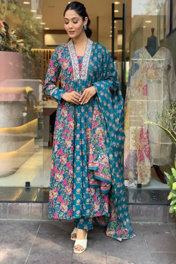 Teal Blue Floral Printed Kurta Set with Dupatta