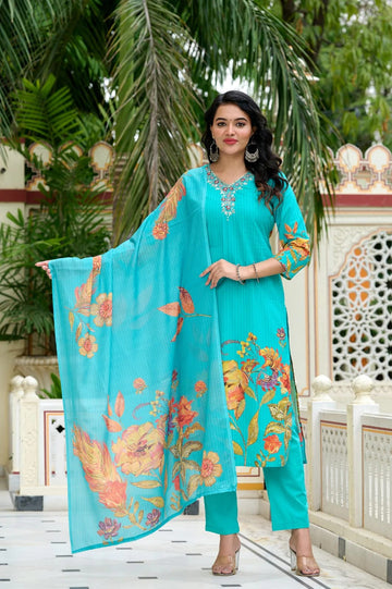 Turquoise Blue Floral Printed Kurta Set with Dupatta