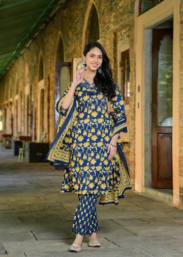 Navy Blue Floral Printed Kurta Pant Set with Dupatta