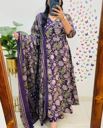 Purple Floral Printed Kurta Pant Set with Dupatta