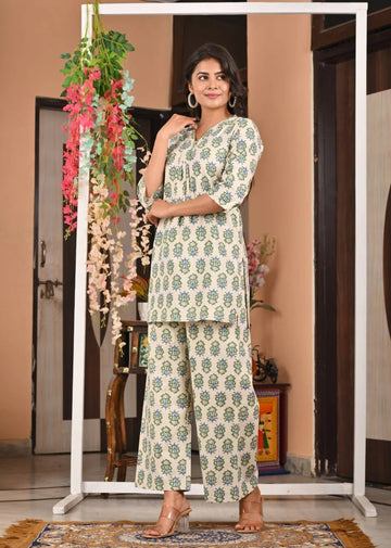 Cream Printed Kurta with Pant Set