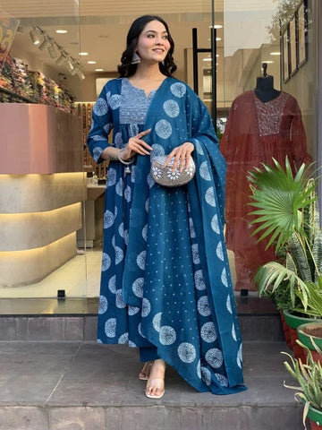 Teal Blue Printed Anarkali Kurta Set with Dupatta