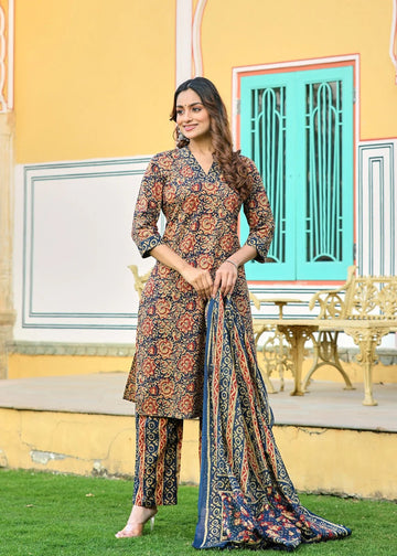 Navy Blue & Rust Printed Kurta Pant Set with Dupatta