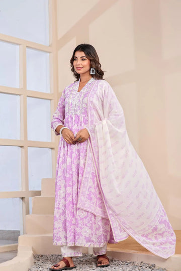 Lavender Floral Printed Kurta Set with Dupatta