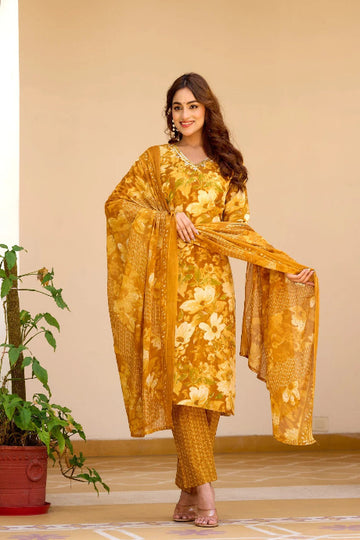 Mustard Yellow Floral Printed Kurta Pant Set with Dupatta