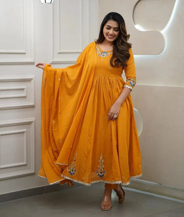 Mustard Yellow Embroidered Anarkali Kurta Set with Dupatta