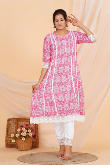 Pink Floral Printed Kurta with White Pants