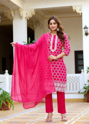 Rani Pink Embroidered Kurta Set with Dupatta