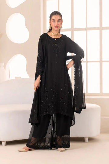 Black Embroidered Kurta Palazzo Set with Dupatta