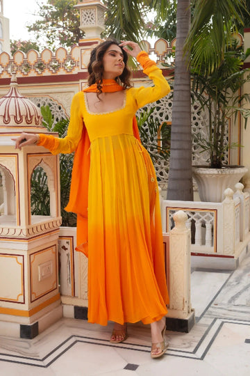 Yellow & Orange Ombre Anarkali Kurta Set with Dupatta
