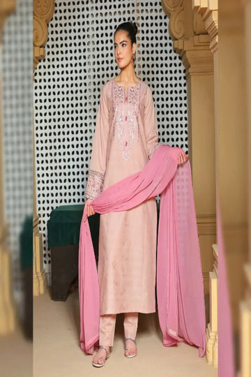 Peach Pink Embroidered Kurta Set with Dupatta
