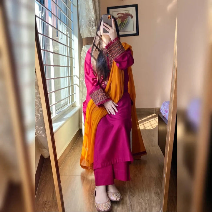 Magenta Pink Kurta Set for Women with Mustard Dupatta Elegant Ethnic Wear