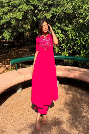 Bright Pink Embroidered Straight Kurta Set