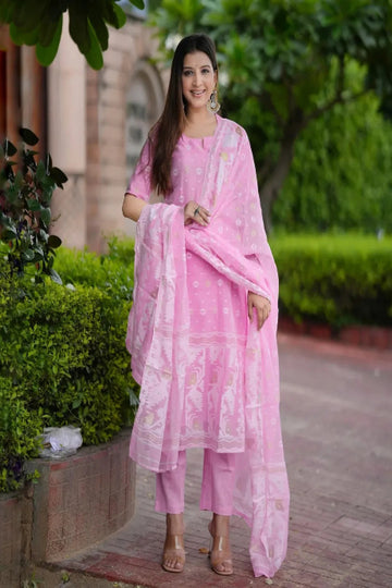 Soft Pink Printed Kurta Set with Dupatta