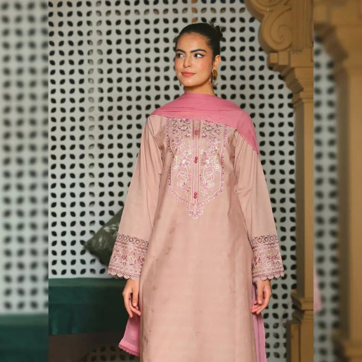 Women’s Peach Embroidered Kurta Pant Dupatta Set