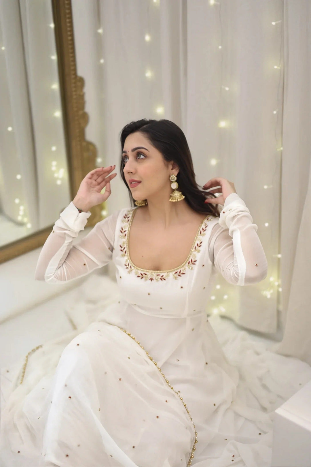 White Off Shoulder Anarkali Dress for Women Elegant Party Wear
