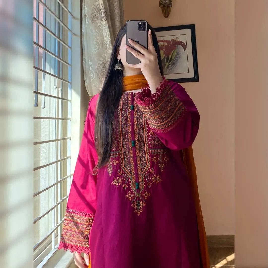 Magenta Pink Kurta Set for Women with Mustard Dupatta Elegant Ethnic Wear
