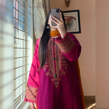 Magenta Pink Kurta Set for Women with Mustard Dupatta Elegant Ethnic Wear