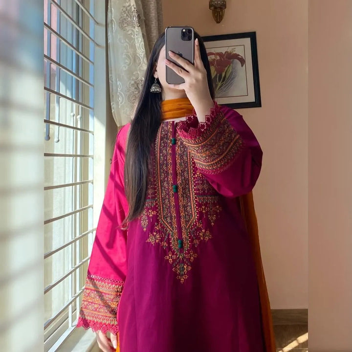 Magenta Pink Kurta Set for Women with Mustard Dupatta Elegant Ethnic Wear