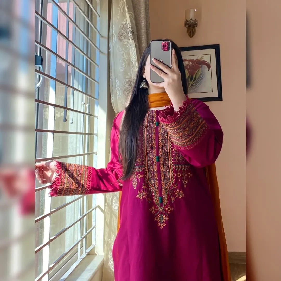 Magenta Pink Kurta Set for Women with Mustard Dupatta Elegant Ethnic Wear