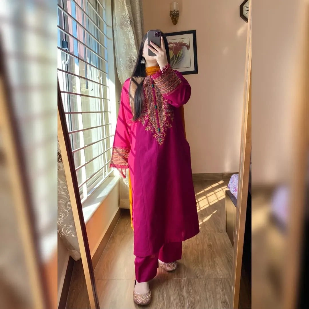 Magenta Pink Kurta Set for Women with Mustard Dupatta Elegant Ethnic Wear