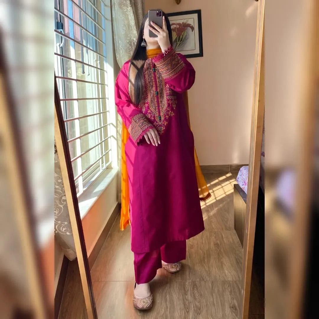 Magenta Pink Kurta Set for Women with Mustard Dupatta Elegant Ethnic Wear