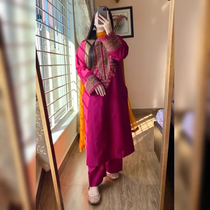 Magenta Pink Kurta Set for Women with Mustard Dupatta Elegant Ethnic Wear