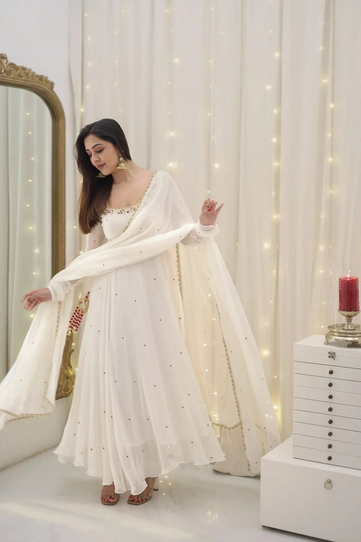 White Off Shoulder Anarkali Dress for Women Elegant Party Wear