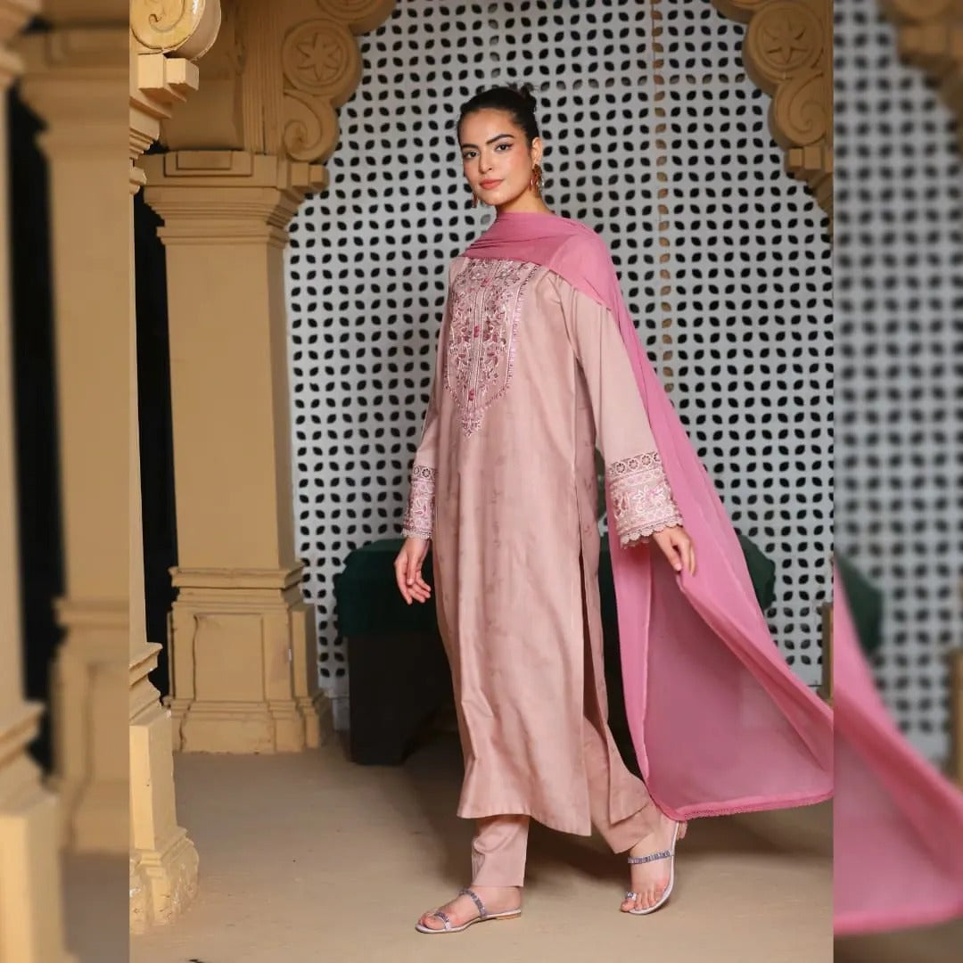 Women’s Peach Embroidered Kurta Pant Dupatta Set